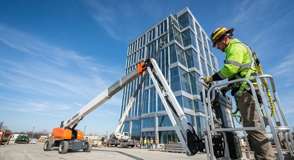 Boom lift rental in use on a commercial construction site