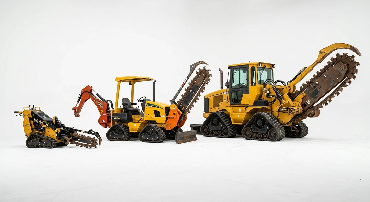 Three distinct yellow tracked trenchers, varying in size, are arranged left to right against a plain white background.