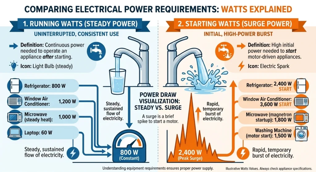 comparison of running watts vs starting watts