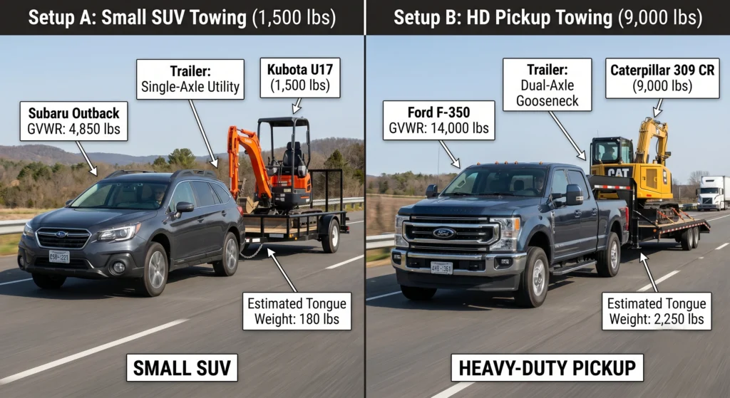 mini excavator towing weight