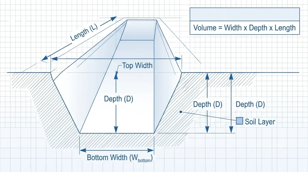 Formula for calculating trench excavation volume in cubic yards.