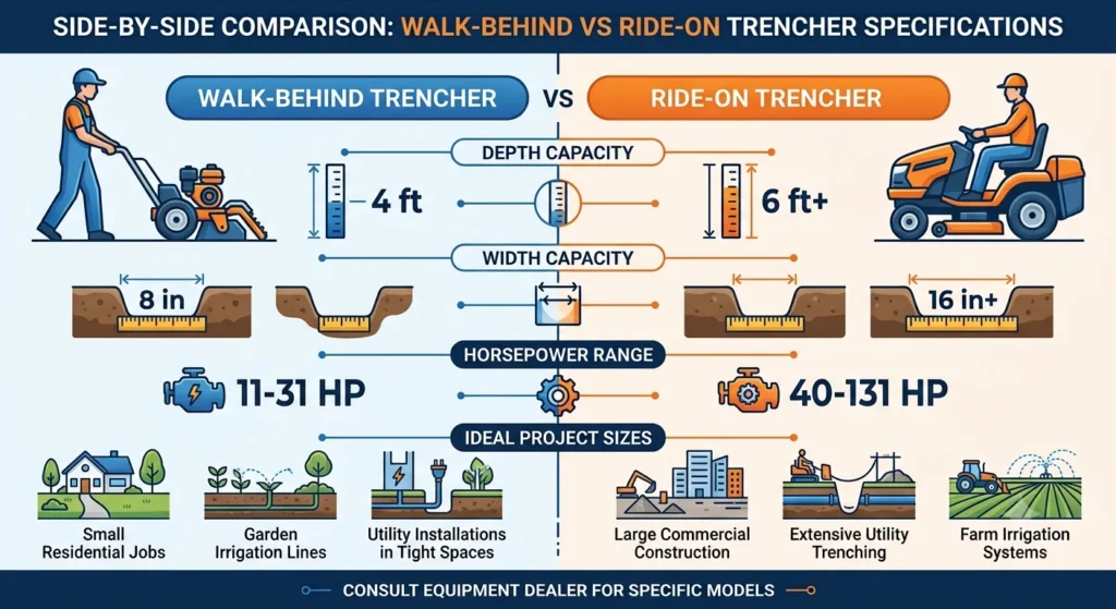 side by side comparison of walk behind vs ride on trencher specification
