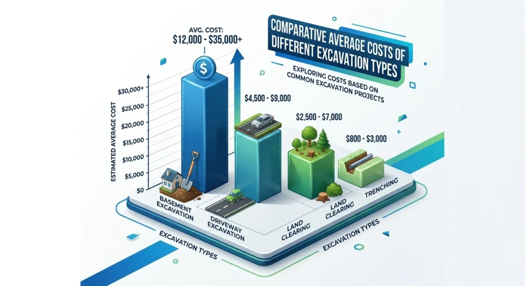 Bar chart comparing average residential excavation costs by project type.