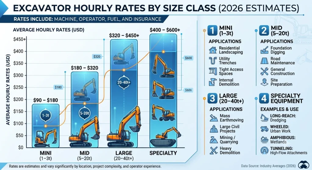 Excavator hourly rates by size class
