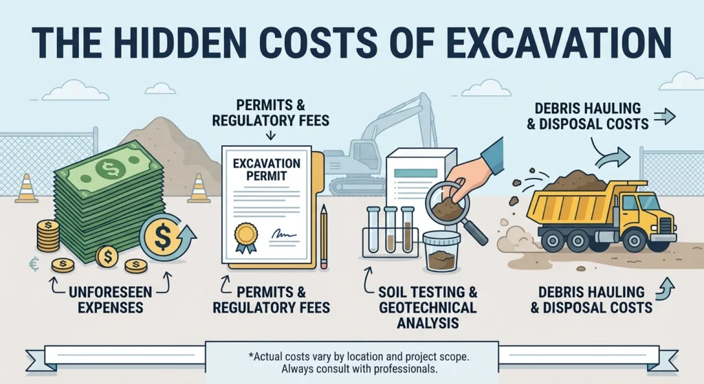 Infographic showing hidden excavation costs like permits, soil testing, and dirt removal.