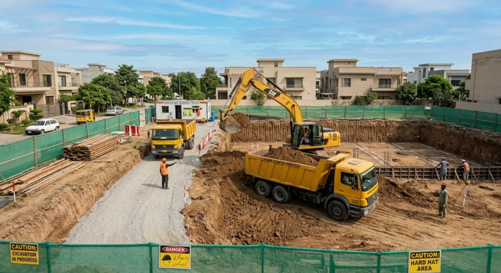 excavator working in the basement