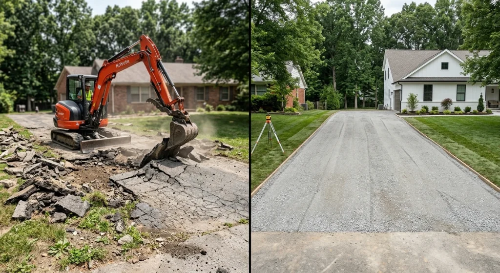 A side-by-side comparison of a driveway renovation. Left: An orange excavator demolishes a cracked asphalt drive. Right: A smooth, level gravel base, framed with wood forms, is prepared in front of a white modern farmhouse, ready for paving.