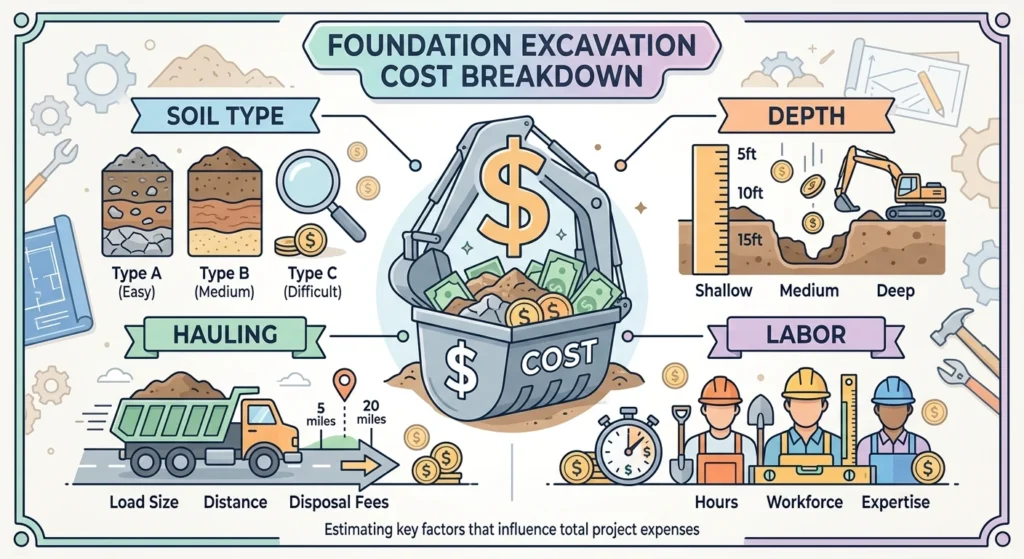 A flat-lay infographic titled "Foundation Excavation Cost Breakdown" featuring cost factors for Soil Type, Depth, Hauling, and Labor.