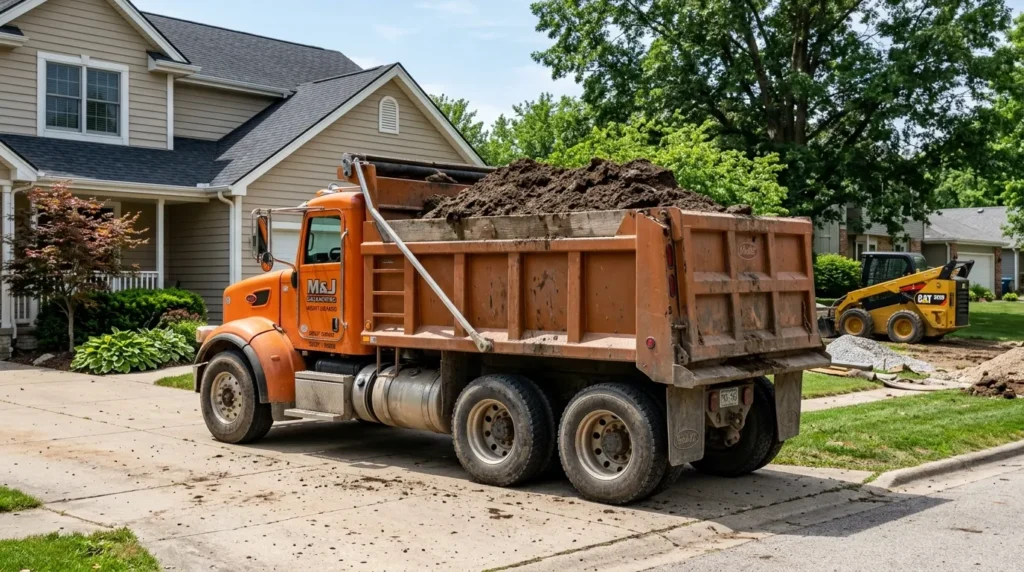 A standard tandem-axle dump truck fully loaded with dark brown soil