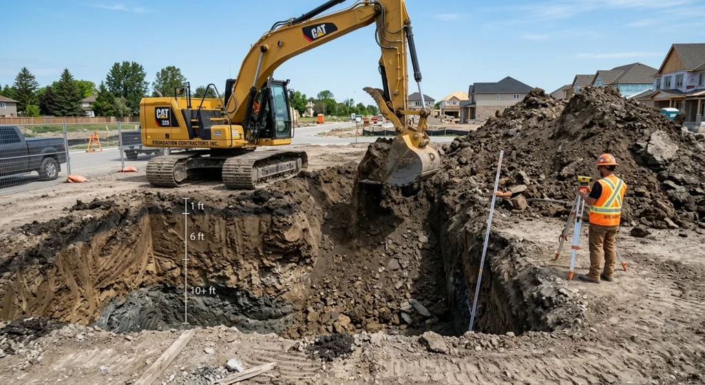 A yellow excavator digging a deep residential foundation trench on a sunny day with a surveyor measuring depth nearby.