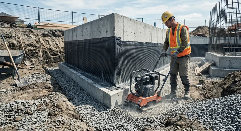 A construction worker using a compactor on gravel along a waterproofed concrete foundation wall.