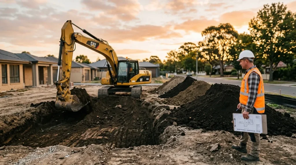 a yellow hydraulic excavator digging a residential foundation pit,