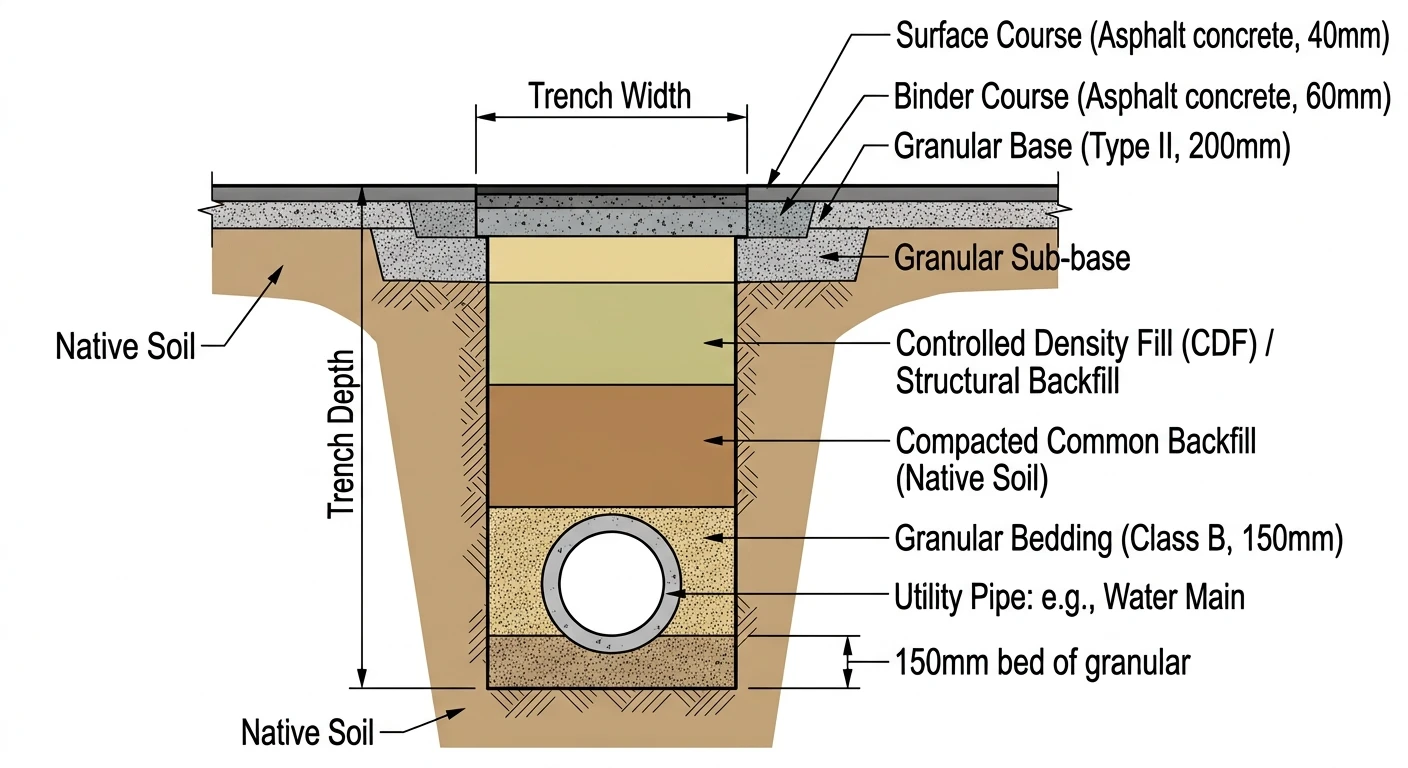 Technical cross-section diagram of an underground utility trench showing pipe installation, bedding, backfill, and pavement layers.