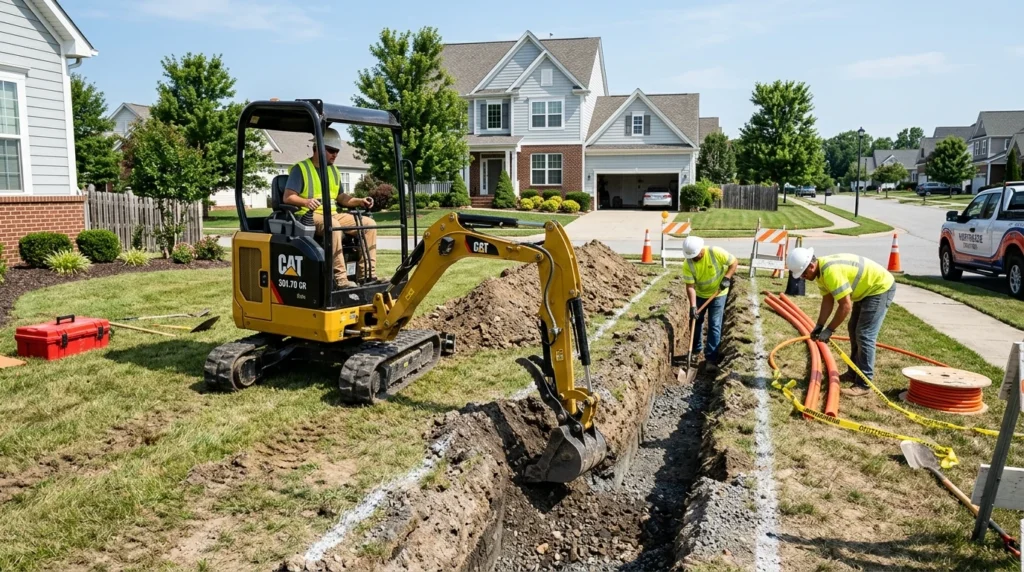 A professional excavation crew trenching for underground utilities in a residential yard.