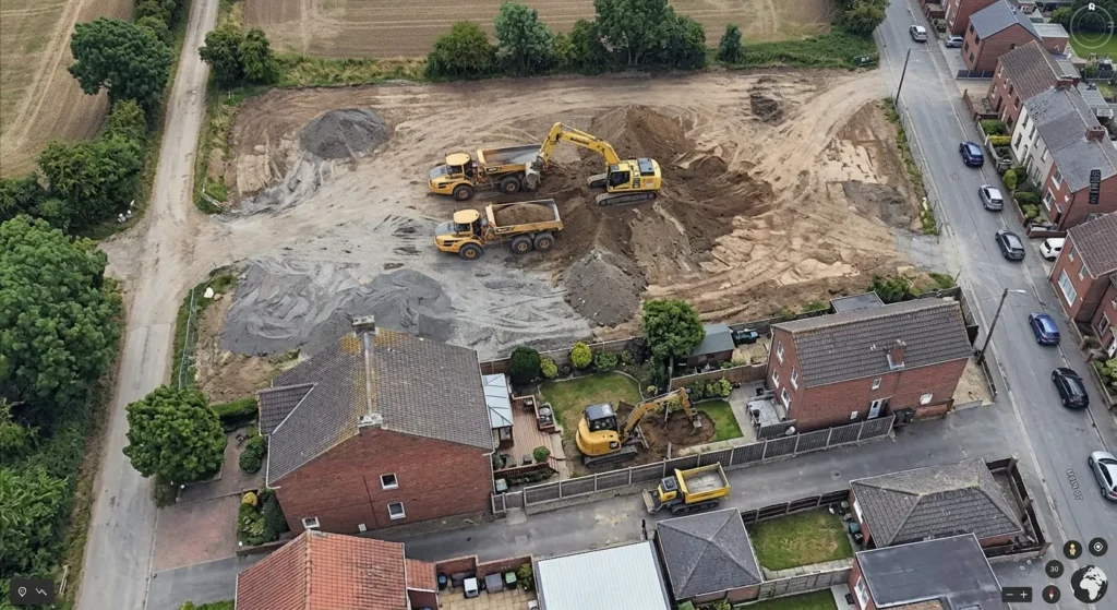 An overhead aerial shot of two adjacent construction sites