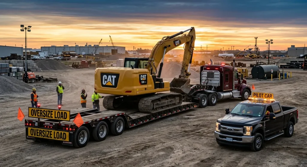 A lowboy trailer loading a yellow 20-ton excavator at a construction yard at dawn