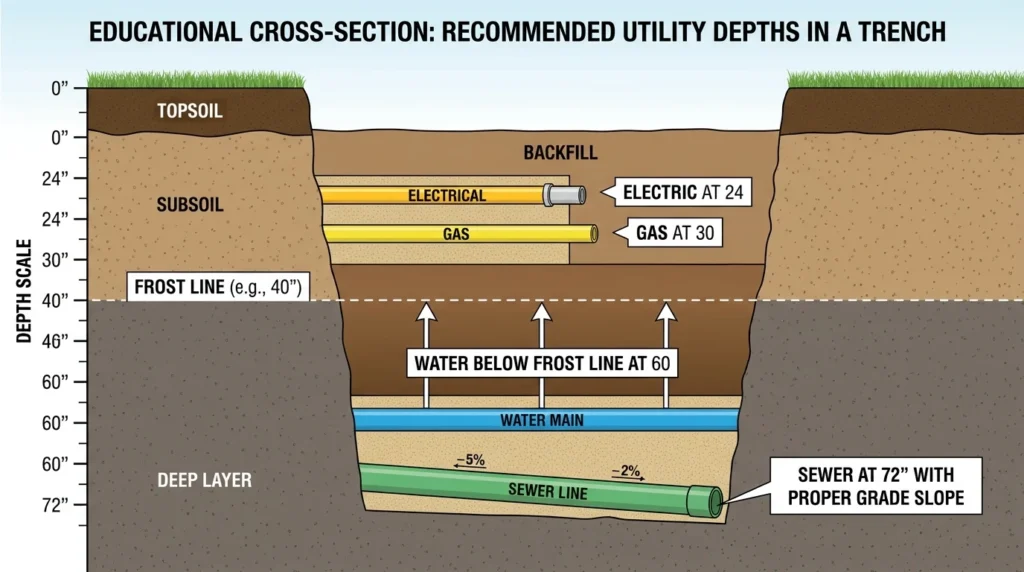 utility depths in a trench