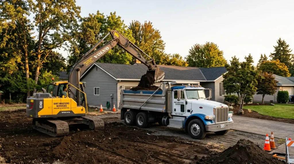 an excavator loading dark brown soil into a dump truck on a residential property