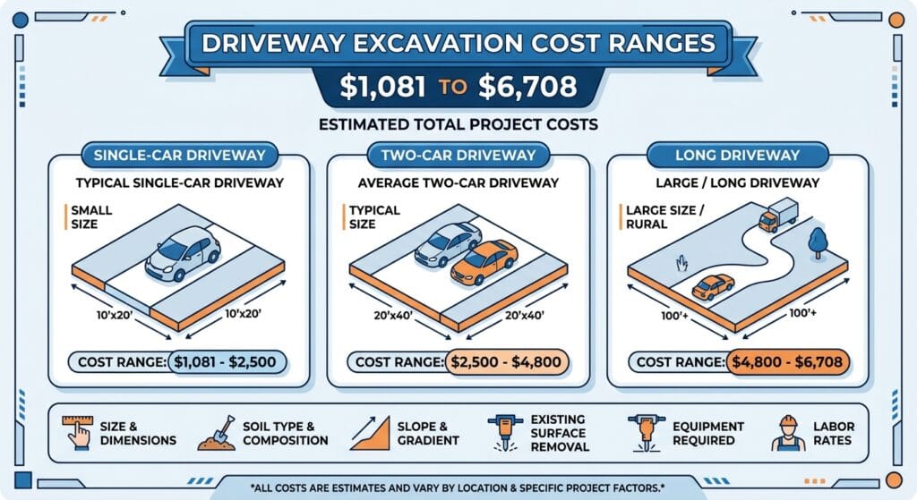 Infographic outlining driveway excavation costs ($1,081–$6,708) across single-car, two-car, and long driveway sizes, with cost factor icons along the bottom.