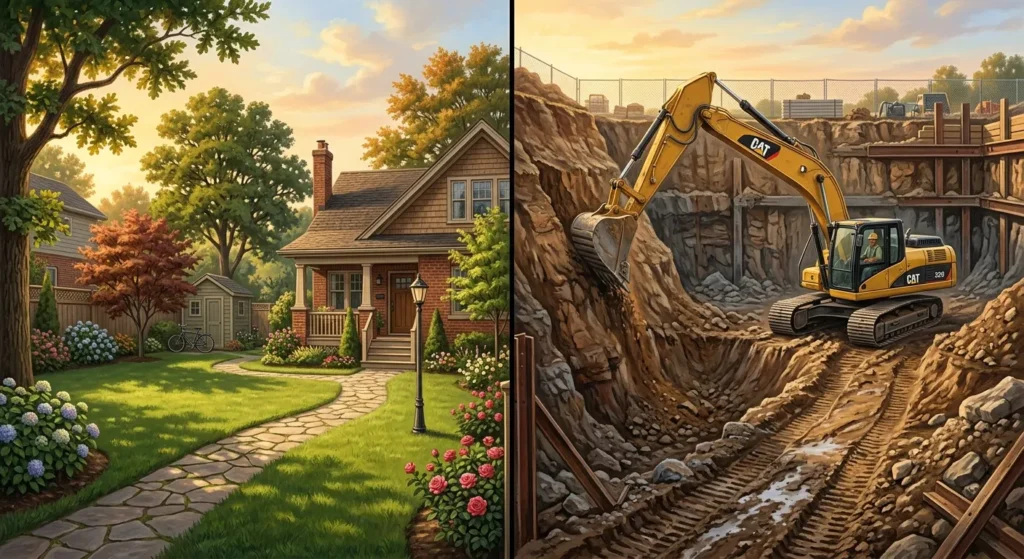 a serene residential lot on one side and a deep, freshly excavated foundation pit on the other, with an excavator in the pit.