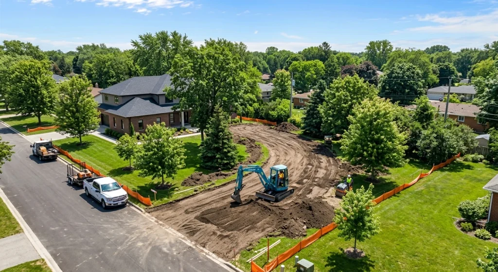 High-angle aerial view of a blue mini-excavator grading a dirt driveway at a residential site, framed by green trees, a lawn, and parked work trucks under a clear sky.