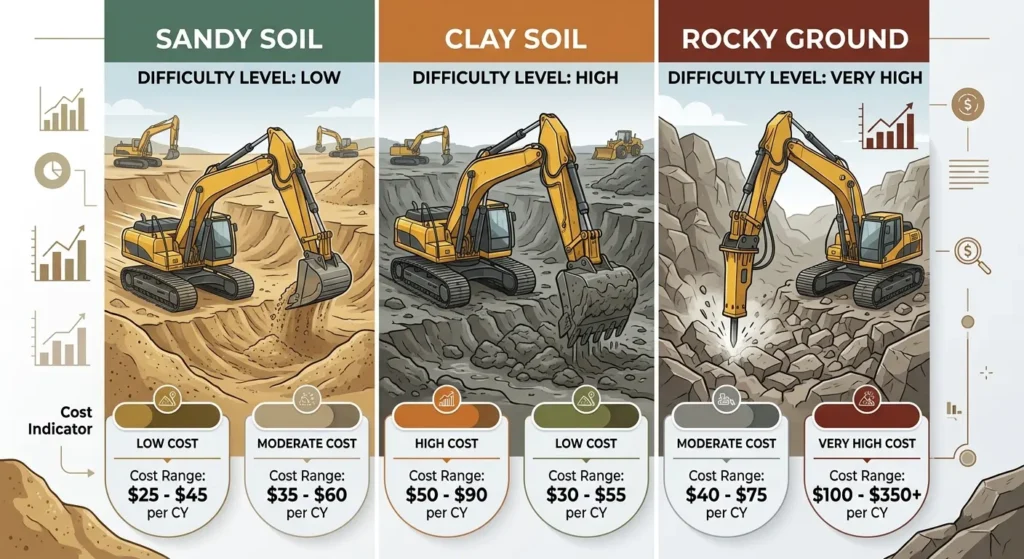 same excavation site with three different scenarios