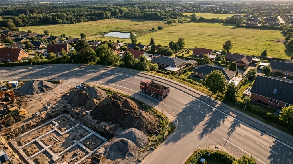 truck dumping dark soil at a construction site,