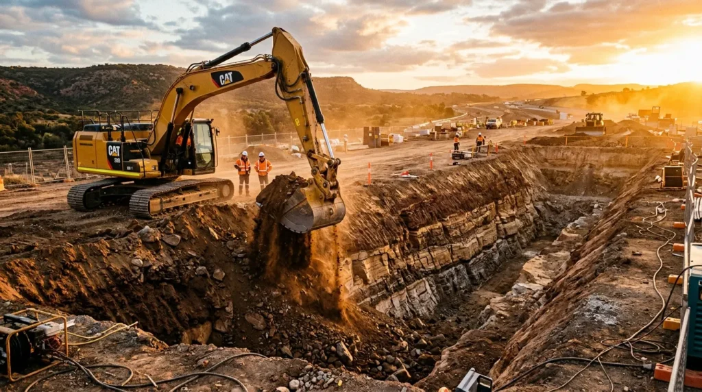 excavator digging foundation trench