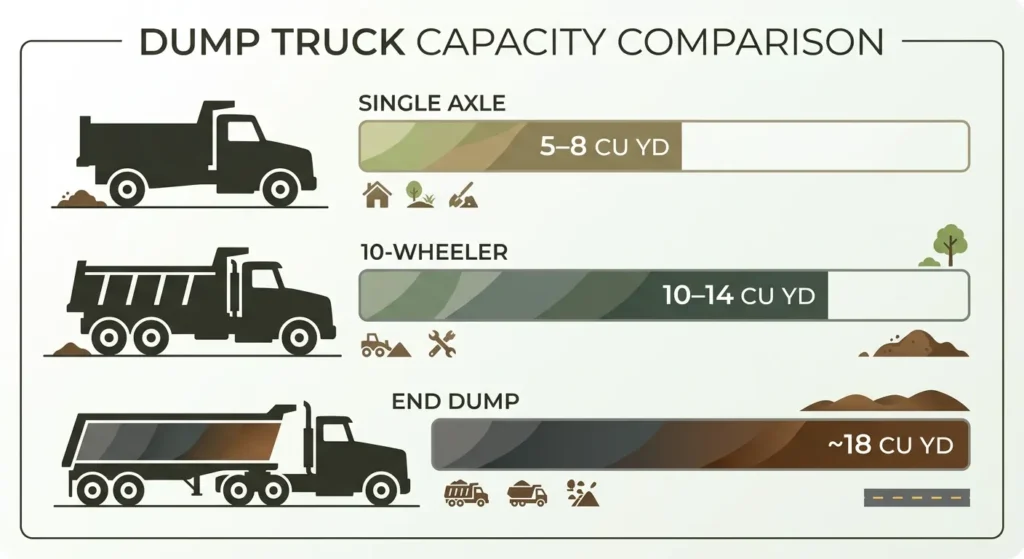  Comparison chart showing cubic yard capacity of single axle， 10-wheeler， and end dump trucks