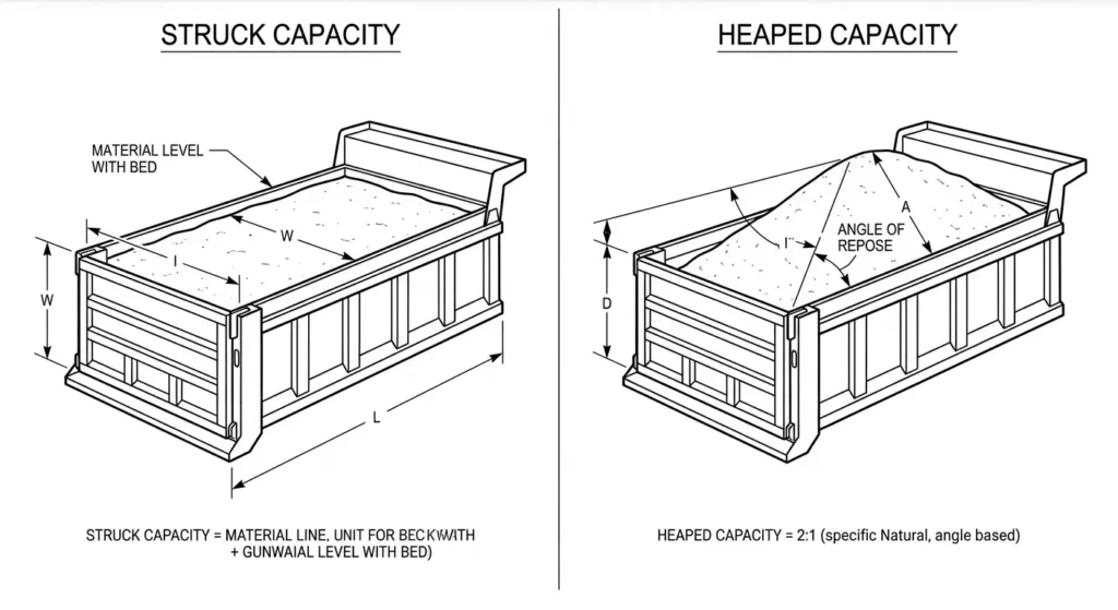  Diagram illustrating struck capacity versus heaped capacity for a dump truck bed