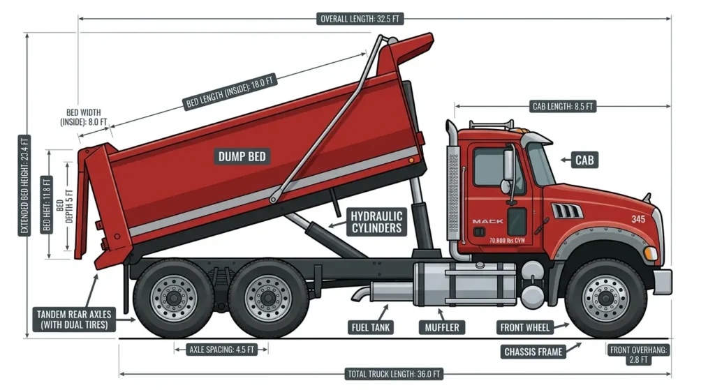 a tandem dump truck showing two rear axles, hydraulic bed, cab, and bed dimensions labeled in feet