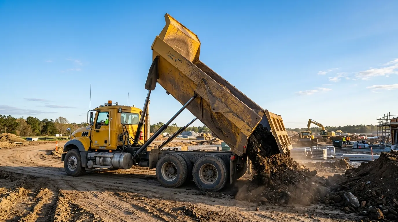 A large yellow tandem dump truck