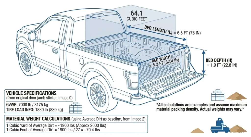 a pickup truck bed with length, width, and height dimension arrows, cubic feet calculation