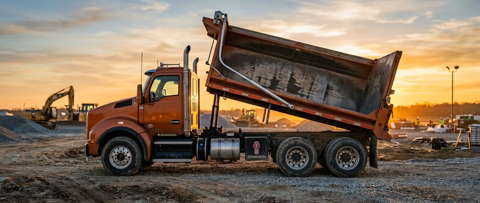 10-wheeler dump truck showing tandem axle configuration and dump bed