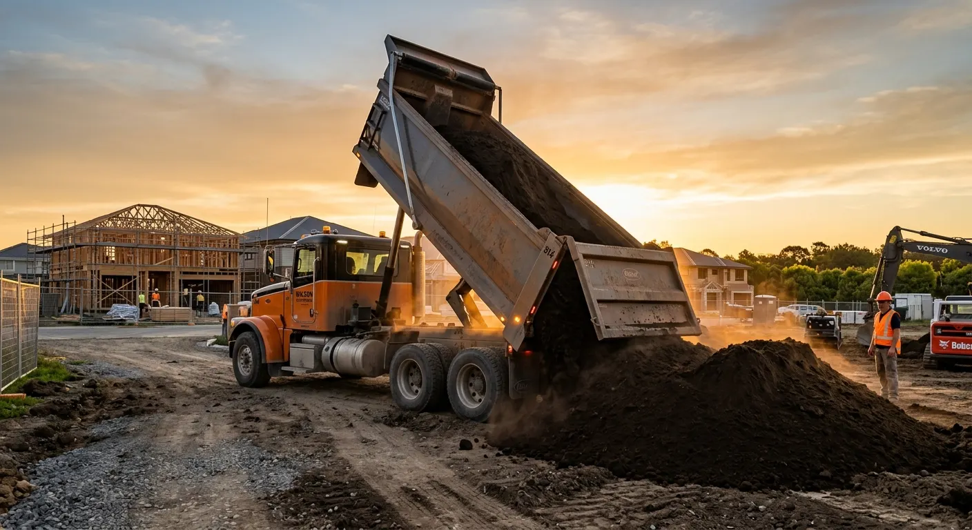 A tandem dump truck with its bed raised