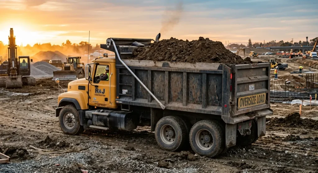 A large tri-axle dump truck fully loaded with dark brown dirt