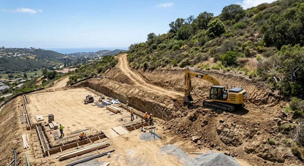 A residential construction site on a moderate hillside
