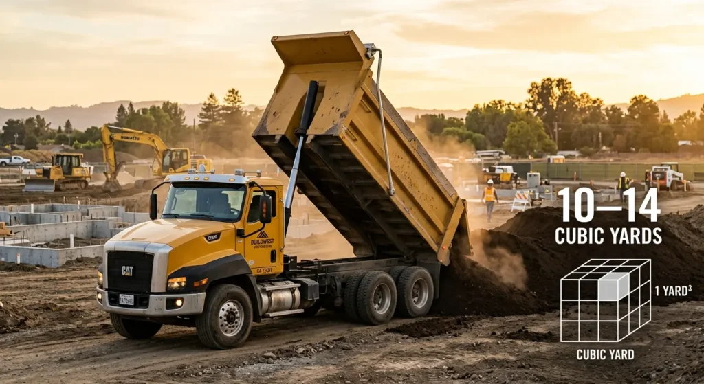 a standard dump truck with its bed partially raised