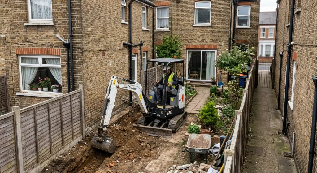 A compact mini excavator working in a tight residential backyard