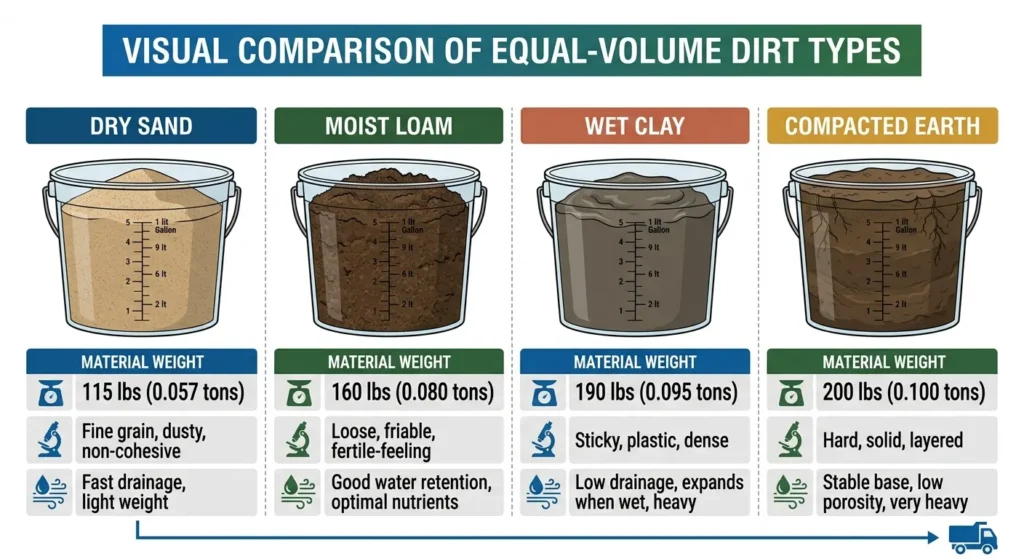 visual comparison of equal volume dirt types