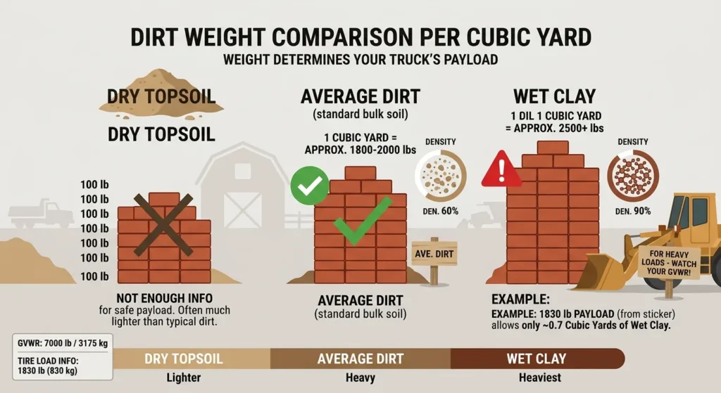 comparing the weight of one cubic yard of dry topsoil, average dirt, and wet clay,