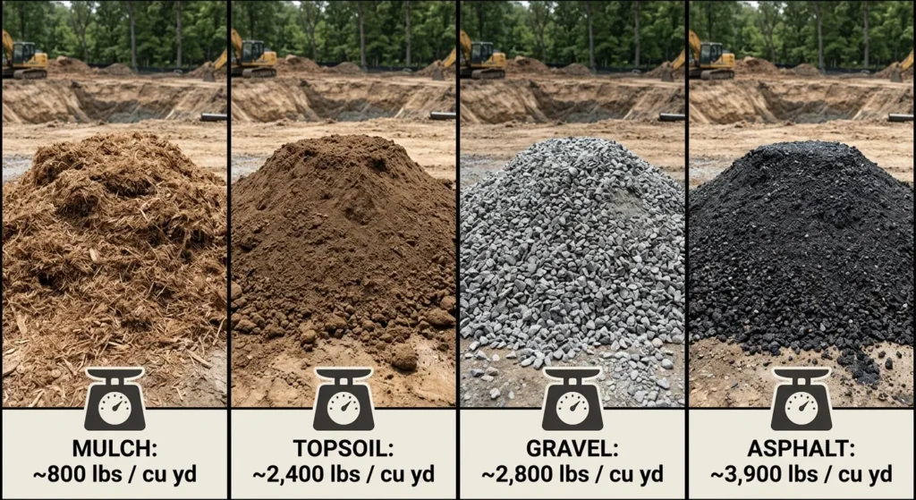 Visual comparison of mulch， topsoil， gravel， and asphalt densities per cubic yard